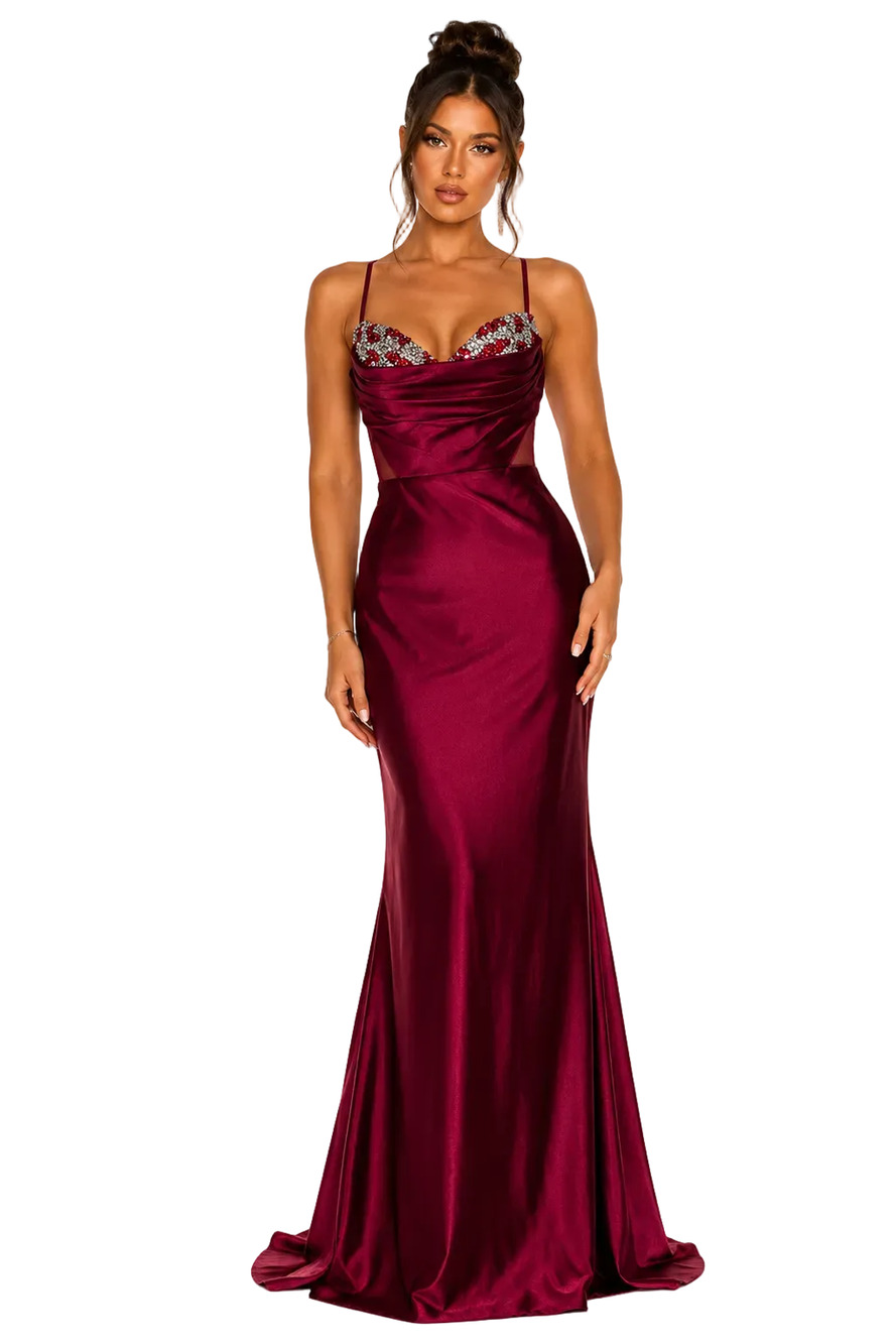 Portia & Scarlett PS22180 Deep Red Crystal Cowl Neck Gown – Size 10 / Large